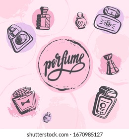 Ilustración vectorial de una botella con perfume y letra Perfume. Inscripción hecha a mano, círculos dibujados con pincel y pintura, sellos circulares. Tonos rosas.