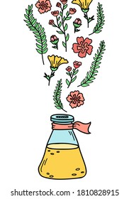 Ilustración vectorial con una botella de perfume. Preparación de perfumes.