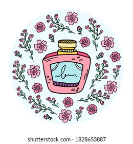 Vector illustration with a bottle of perfume. Preparation of perfumes.