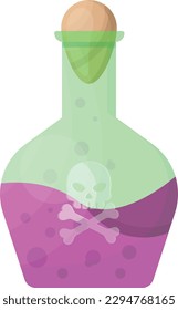 Vector illustration of a bottle of poison with a skull. Poisonous posima. Elixir, witchcraft and hecisery. Dangerous liquid.