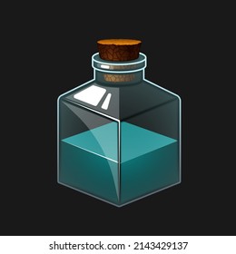 Vektorgrafik einer Flasche mit einem Beutel. Flasche mit farbigem Getränk. Inventarsymbol für Spiel und Anwendung. Glasflasche mit Kork.