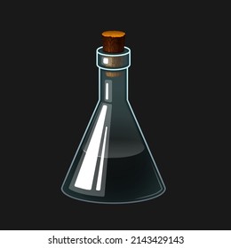 Ilustración vectorial de una botella con una poción. Frasco con bebida líquida coloreada. Icono de inventario para juego y aplicación. Botella de vidrio con corcho.