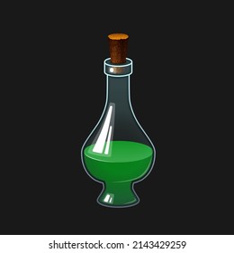 Ilustración vectorial de una botella con una poción. Frasco con bebida líquida coloreada. Icono de inventario para juego y aplicación. Botella de vidrio con corcho.