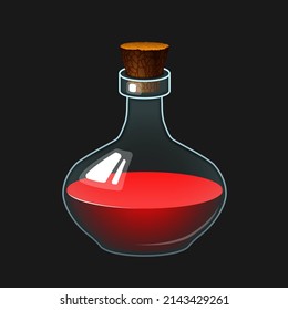 Ilustración vectorial de una botella con una poción. Frasco con bebida líquida coloreada. Icono de inventario para juego y aplicación. Botella de vidrio con corcho.