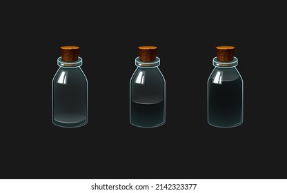 Ilustración vectorial de una botella con una poción. Diferentes niveles de líquido de color negro. Frasco vacío medio lleno y de bebida completa. Icono del juego.