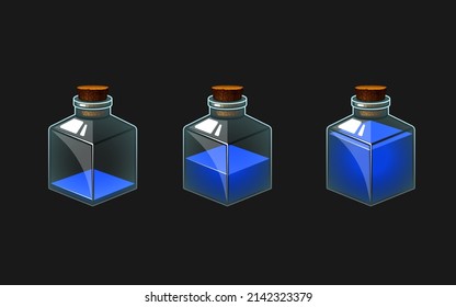 Ilustración vectorial de una botella con una poción. Diferentes niveles de líquido de color azul. Frasco vacío medio lleno y de bebida completa. Icono del juego.