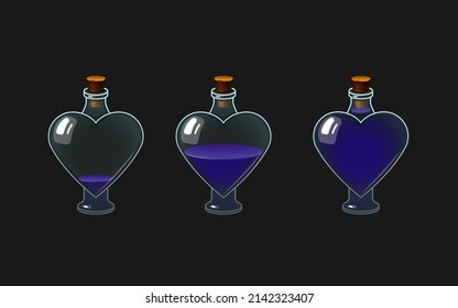 Vector illustration of a bottle with a potion. Different levels of violet colored liquid. Empty half filled and full drink bottle. Icon for the game.