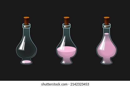Ilustración vectorial de una botella con una poción. Diferentes niveles de líquido de color rosa. Frasco vacío medio lleno y de bebida completa. Icono del juego.