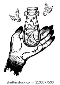 Vector illustration. bottle of potion, eyes, wings, hands, mysticism, tattoos. Handmade, prints on T-shirts, background white