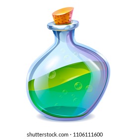 Vector illustration of a bottle with a potion isolated on white background. Green poison in a glass bottle. Icon of the potion