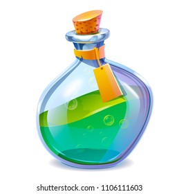 Vector illustration of a bottle with a potion isolated on white background. Green poison in a glass bottle. Icon of the potion