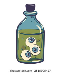 Vector illustration of a bottle with a potion. Magic vials with green potion and eyes for witchcraft, cartoon elixir, poison and antidote. Flat style.