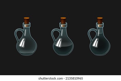 Ilustración vectorial de una botella con una poción. Un vaso con diferentes niveles de color negro líquido.