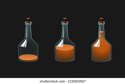 Vector illustration of a bottle with a potion. A vessel with different levels of liquid orange color.