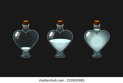 Ilustración vectorial de una botella con una poción. Un vaso con diferentes niveles de color blanco líquido.