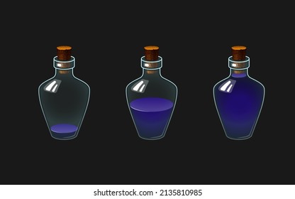 Ilustración vectorial de una botella con una poción. Un vaso con diferentes niveles de color púrpura líquido.