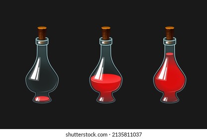 Vector illustration of a bottle with a potion. A vessel with different levels of liquid red color.