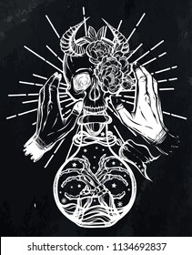 Vector illustration. bottle of potion,skull with horns, hands, mysticism, tattoos. Handmade, prints on T-shirts, background chalkboard