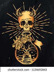 Vector illustration. bottle of potion,skull with horns, mysticism, background chalkboard, gold color. Handmade, prints on T-shirts