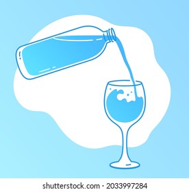 Vector illustration of bottle pouring down water in glass.