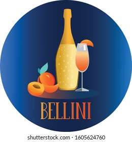 A Vector Illustration Of A Bottle Of Prosecco And A Glass Of Bellini Cocktail