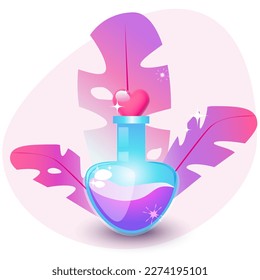 Ilustración vectorial de la botella con poción de amor púrpura y tapón cardíaco.