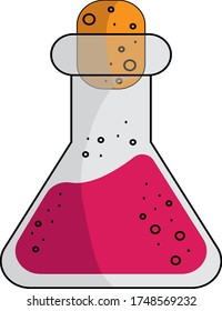 Vector illustration of a bottle with a red liquid and a cork, a single element on a white background. Concept of medicine, laboratory, chemistry, magic, analysis collection.