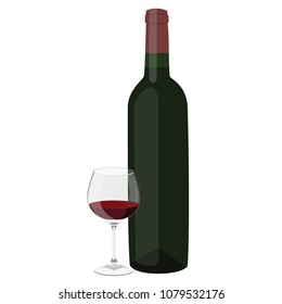 Vector illustration bottle of red wine and wine glass, wineglass isolated on white
