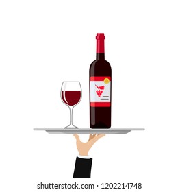 Vector illustration of bottle of red wine and glass on tray