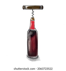 Ilustración vectorial de una botella de vino tinto con un corcho, ilustración de color