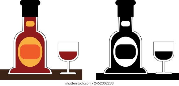 vector and illustration of bottle red wine with glass, brochure, app or website. Black and white version, color version.