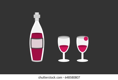 Vector illustration of a bottle of red wine and two glasses on a dark background