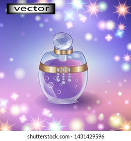 vector illustration of a bottle richly decorated with gold and pearls magic perfume or potion

