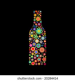 Vector illustration of bottle shape made up a lot of  multicolored small flowers on the black background