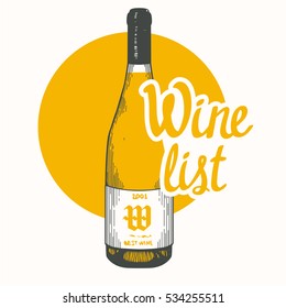 Vector illustration with bottle in sketch style for wine list. Poster alcoholic beverages. Tasting party. Brush calligraphy elements your design. Handwritten ink lettering.