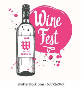 Vector illustration with bottle in sketch style for wine list. Poster alcoholic beverages. Brush calligraphy elements your design. Handwritten ink lettering.