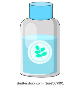 Vector illustration of a bottle of skin care liquid. Stock illustration of a plastic bottle with blue liquid. Flat illustration of makeup remover bottle.
