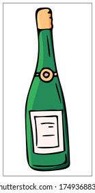 Vector illustration with a bottle of sparkling wine, champagne. Stylized drawing for your web site design, logo, icon, app, UI. Isolated stock illustration on white background. Cartoon style