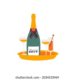 Vector illustration bottle of sparkling wine with glasses. Celebration concept. Gretting card or poster template