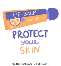 Vector illustration of a bottle of SPF cosmetics with an inscription. Hand-drawn design of a bottle of sunscreen to protect your skin. Inscription protect your skin. UV protection of the skin lip balm