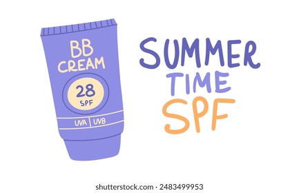 Vector illustration of a bottle of SPF cosmetics with an inscription. Hand-drawn design of a bottle of sunscreen to protect your skin. The inscription summer time spf. UV protection of the skin BB