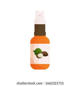 Vector illustration with bottle spray of shea butter, shea or vitellaria. Walnut shell and walnut kernel for cosmetic creams. Package or brochure design, label.