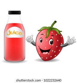 vector illustration of Bottle of strawberry juice with cute strawberry cartoon