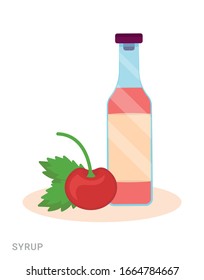 Vektorillustration Illustration einer Flasche mit Sirup und Kirsche. Lebensmittelzusatzstoff auf weißem Hintergrund.