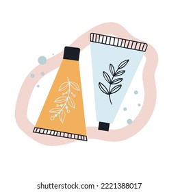 Ilustración vectorial de la plantilla de botellas, tubo de crema cosmética plana. Cara y cuidado corporal