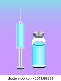 vector illustration of a bottle of vaccine and syringe or injection. Design of medicine or medical element