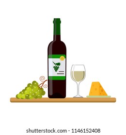 Vector illustration of bottle of white wine, wine glass, grapes and cheese, isolated on white background