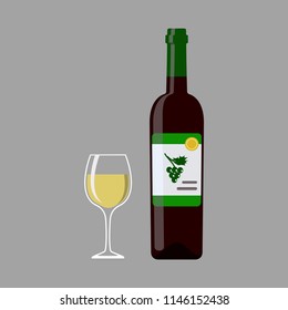 Vector illustration of bottle white wine and wine glass isolated on gray background