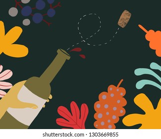 Vector illustration a bottle of wine among flowers and leaves. Naive style, colorful elements background and shapes for your design, presentation, package, poster, decoration.