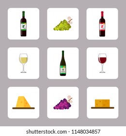 Vector illustration of bottle of wine, wine glass, grapes and cheese, icons